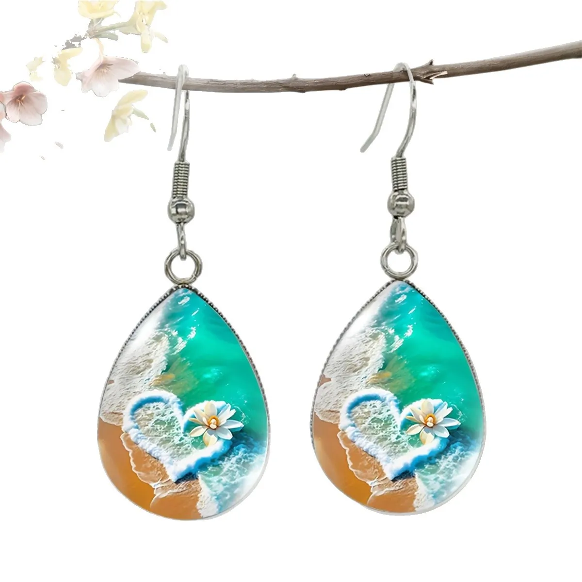 Exquisite Pattern Alloy Pendant & Ear Hook Set – Glass Cabochon Jewelry, Beautiful Design Necklace & Hanging Earrings, Great Gift for Women